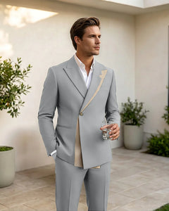 Two-Tone Diagonal Contrast Peak Lapel 2 Piece Suit-LightGrey-1