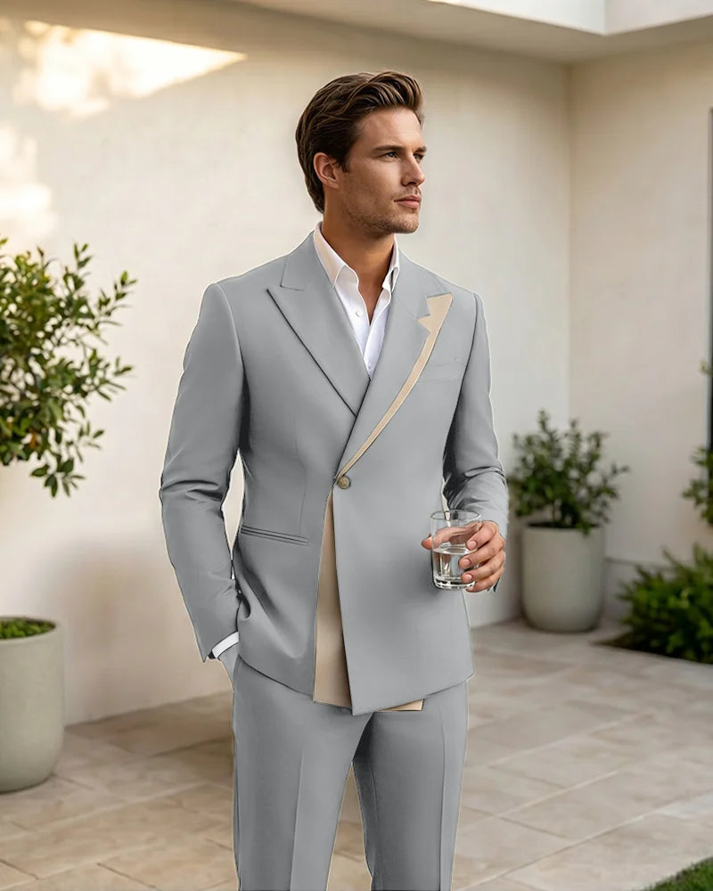 Two-Tone Diagonal Contrast Peak Lapel 2 Piece Suit-LightGrey-1