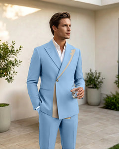 Two-Tone Diagonal Contrast Peak Lapel 2 Piece Suit-LightSkyBlue-1