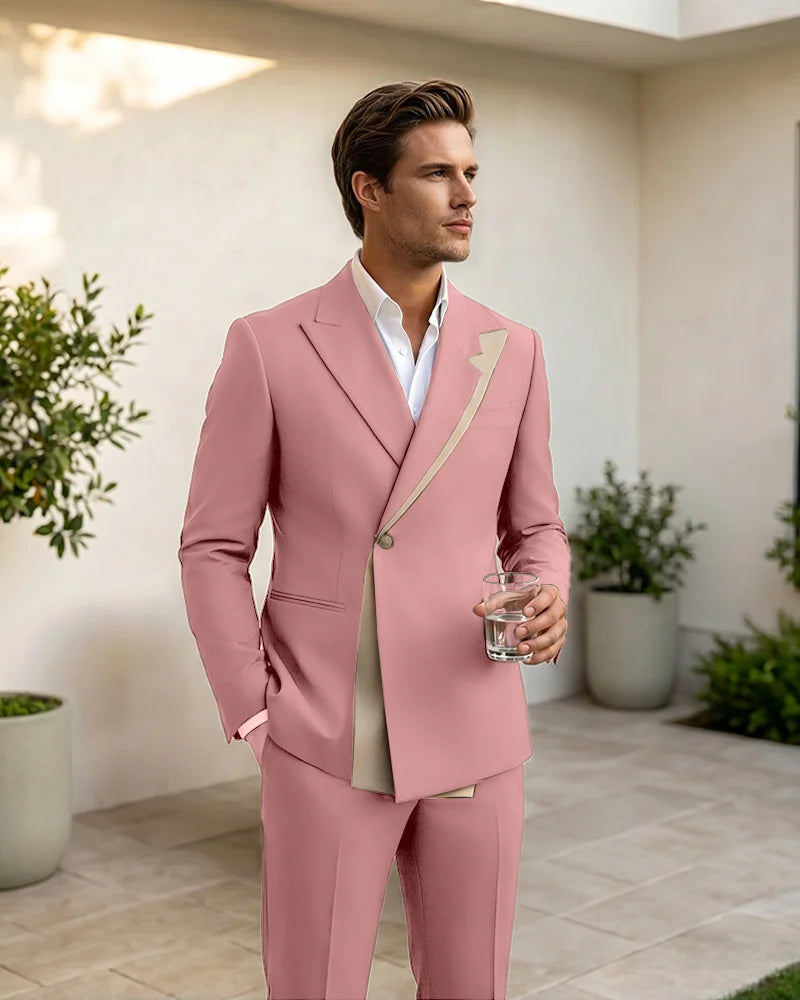 Two-Tone Diagonal Contrast Peak Lapel 2 Piece Suit-Pink-1