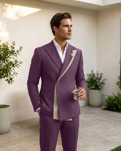 Two-Tone Diagonal Contrast Peak Lapel 2 Piece Suit-Purple-1