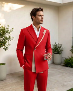Two-Tone Diagonal Contrast Peak Lapel 2 Piece Suit-Red-1