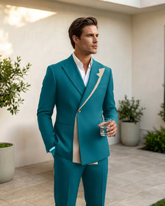 Two-Tone Diagonal Contrast Peak Lapel 2 Piece Suit-Teal-1