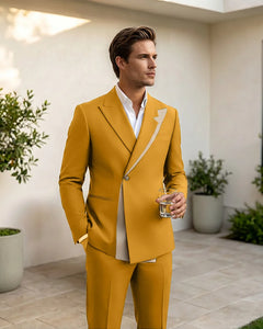 Two-Tone Diagonal Contrast Peak Lapel 2 Piece Suit-Yellow-1