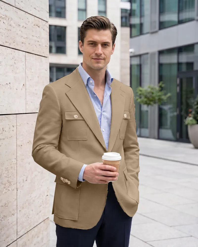 Multi Cargo Pocket Single Breasted Blazer-Brown-1