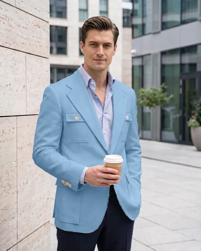 Multi Cargo Pocket Single Breasted Blazer-LightSkyBlue-1