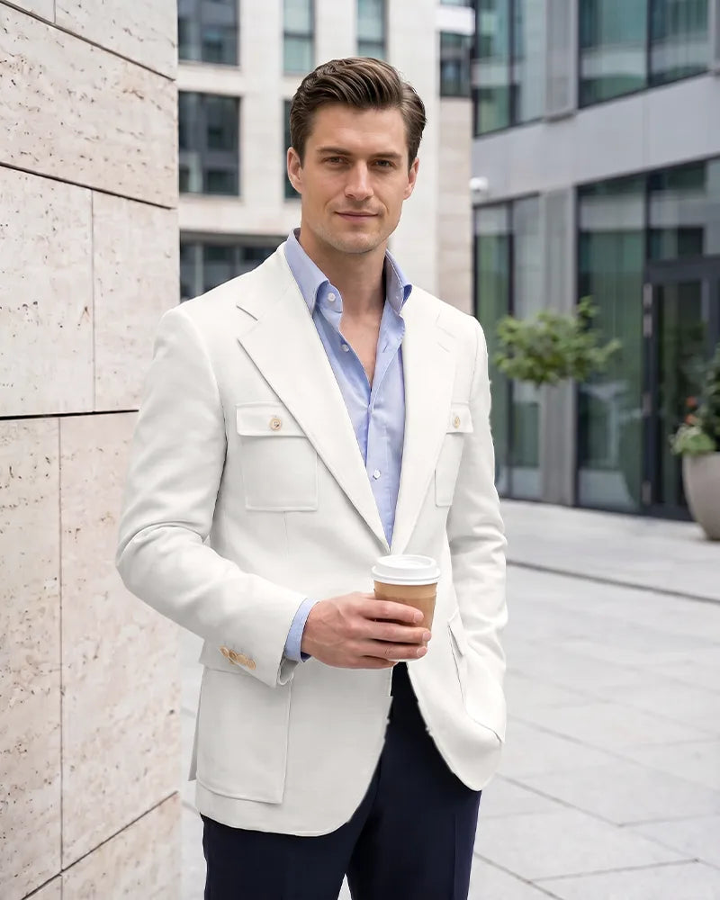 Multi Cargo Pocket Single Breasted Blazer-White-1