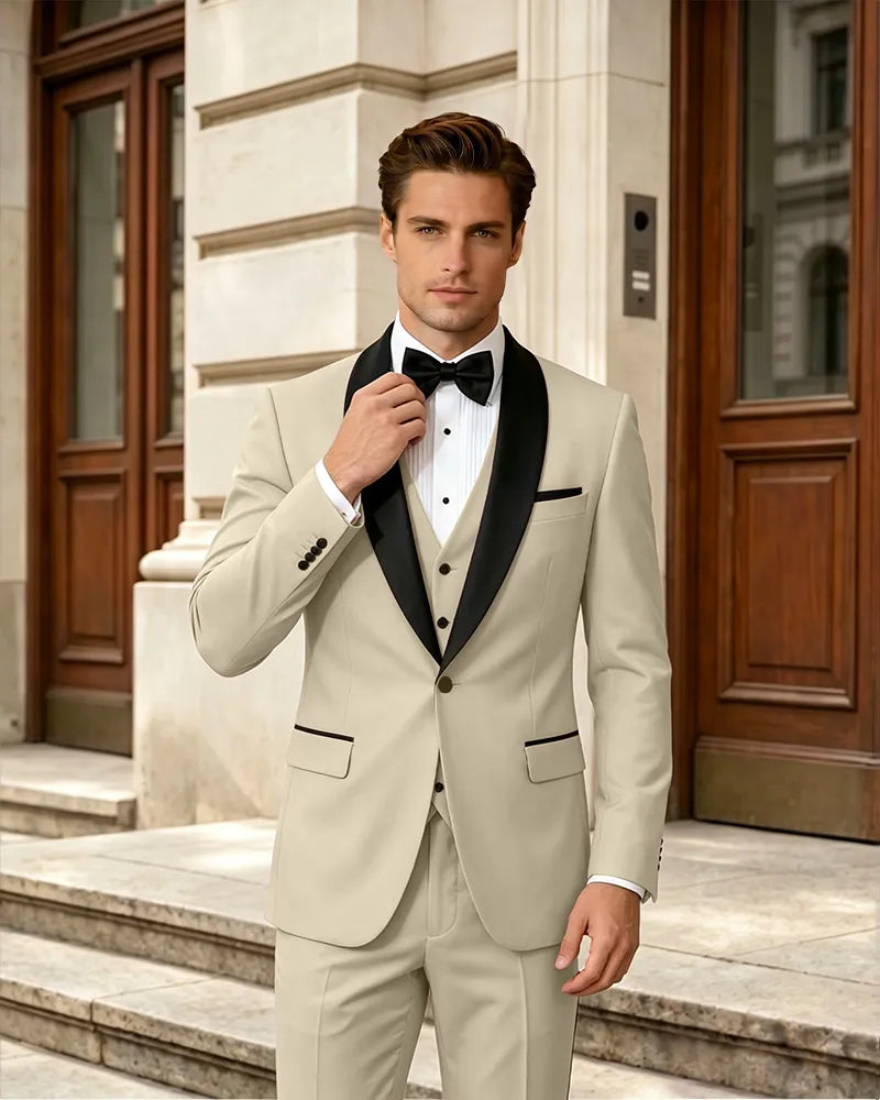 Satin Trim Shawl Lapel Single Breasted 3 Piece Suit-Beige-1