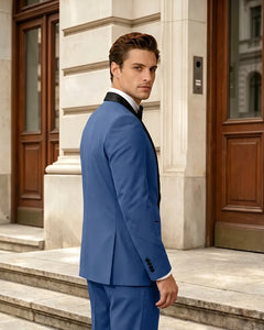 Satin Trim Shawl Lapel Single Breasted 3 Piece Suit-DarkNavy-2