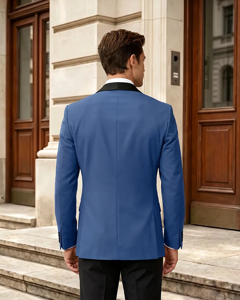 Satin Trim Shawl Lapel Single Breasted 3 Piece Suit-DarkNavy-3