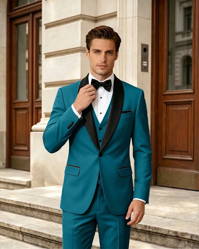 Satin Trim Shawl Lapel Single Breasted 3 Piece Suit-Teal-1