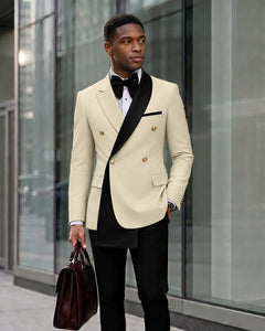 Contrast Shawl Lapel Gold Button 2 Piece Suit-Beige-1
