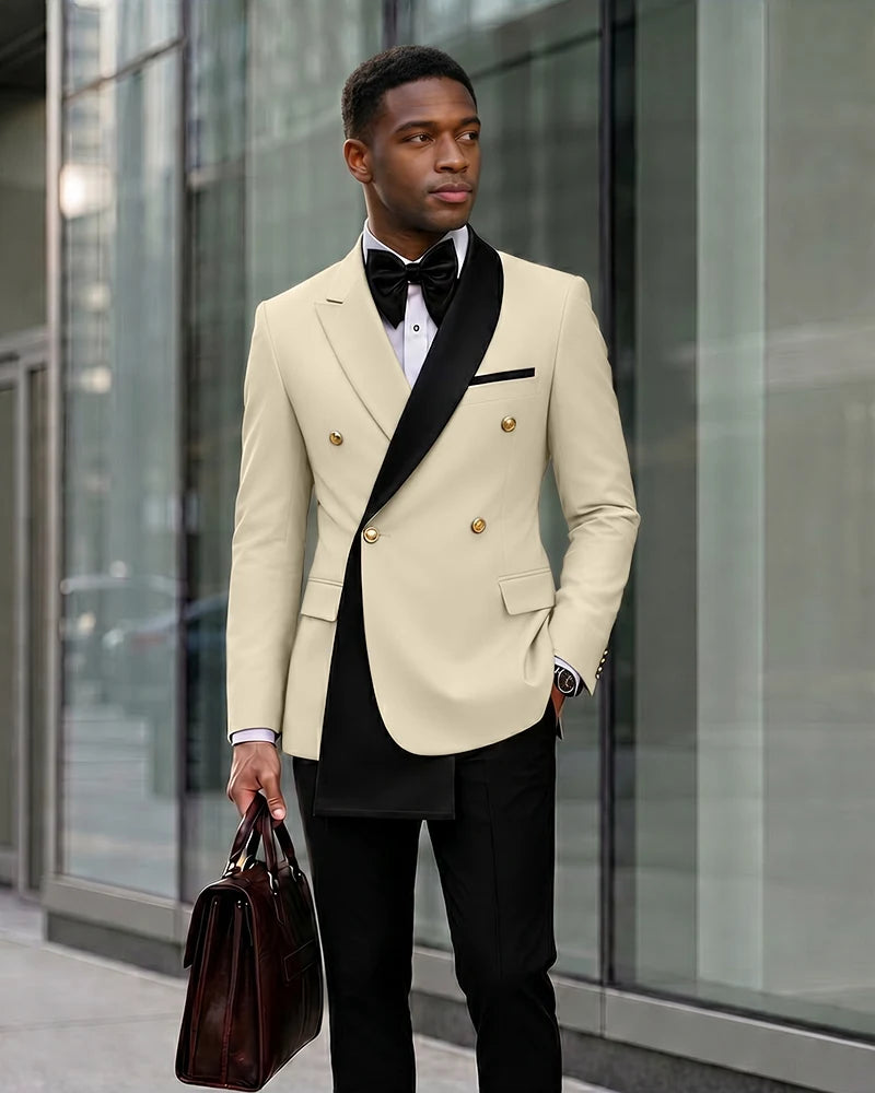 Contrast Shawl Lapel Gold Button 2 Piece Suit-Beige-1