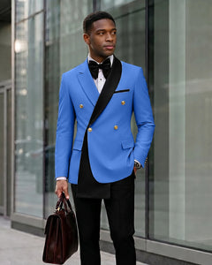 Contrast Shawl Lapel Gold Button 2 Piece Suit-Blue-1