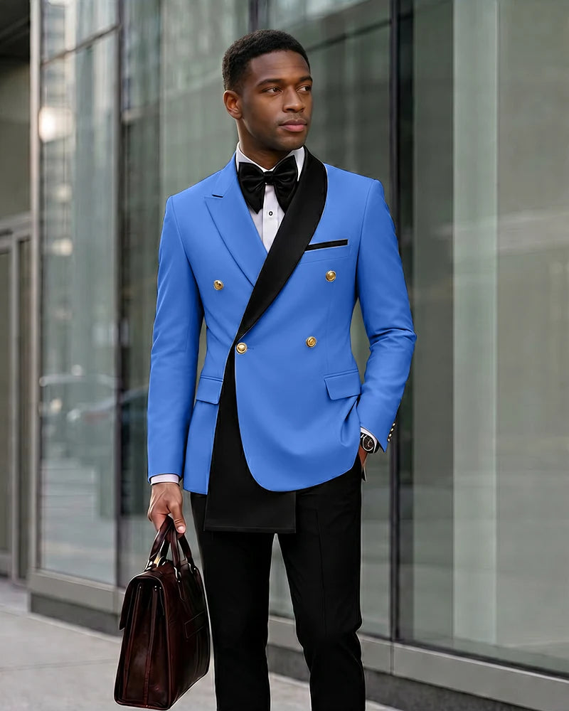 Contrast Shawl Lapel Gold Button 2 Piece Suit-Blue-1