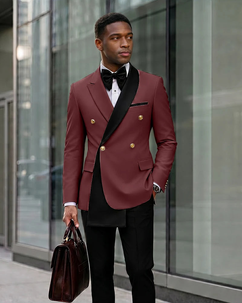 Contrast Shawl Lapel Gold Button 2 Piece Suit-Burgundy-1