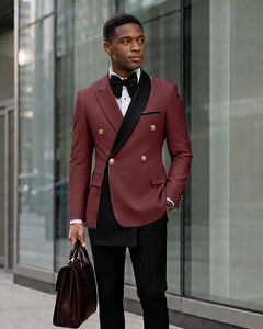 Contrast Shawl Lapel Gold Button 2 Piece Suit-Burgundy-1