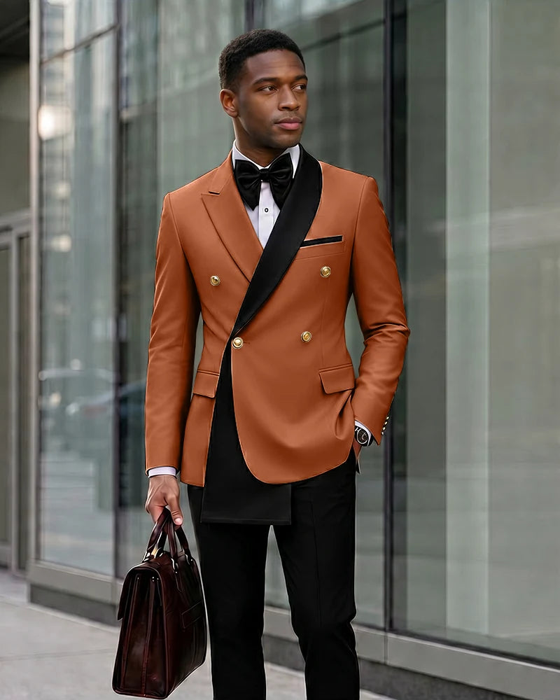 Contrast Shawl Lapel Gold Button 2 Piece Suit-BurntOrange-1