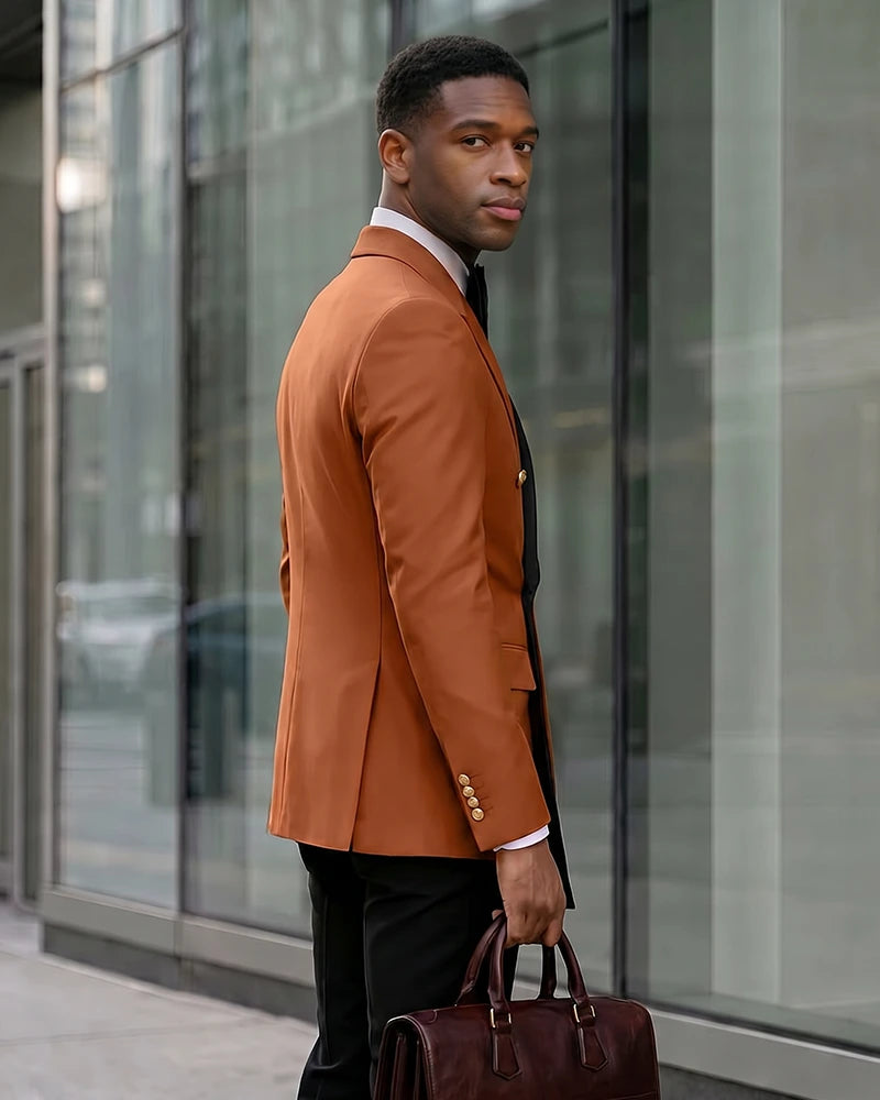 Contrast Shawl Lapel Gold Button 2 Piece Suit-BurntOrange-2
