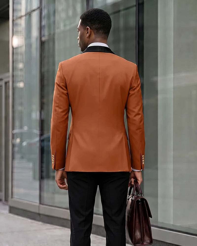 Contrast Shawl Lapel Gold Button 2 Piece Suit-BurntOrange-3