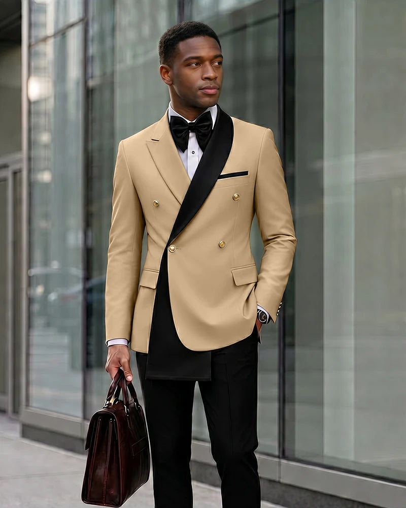 Contrast Shawl Lapel Gold Button 2 Piece Suit-Champagne-1
