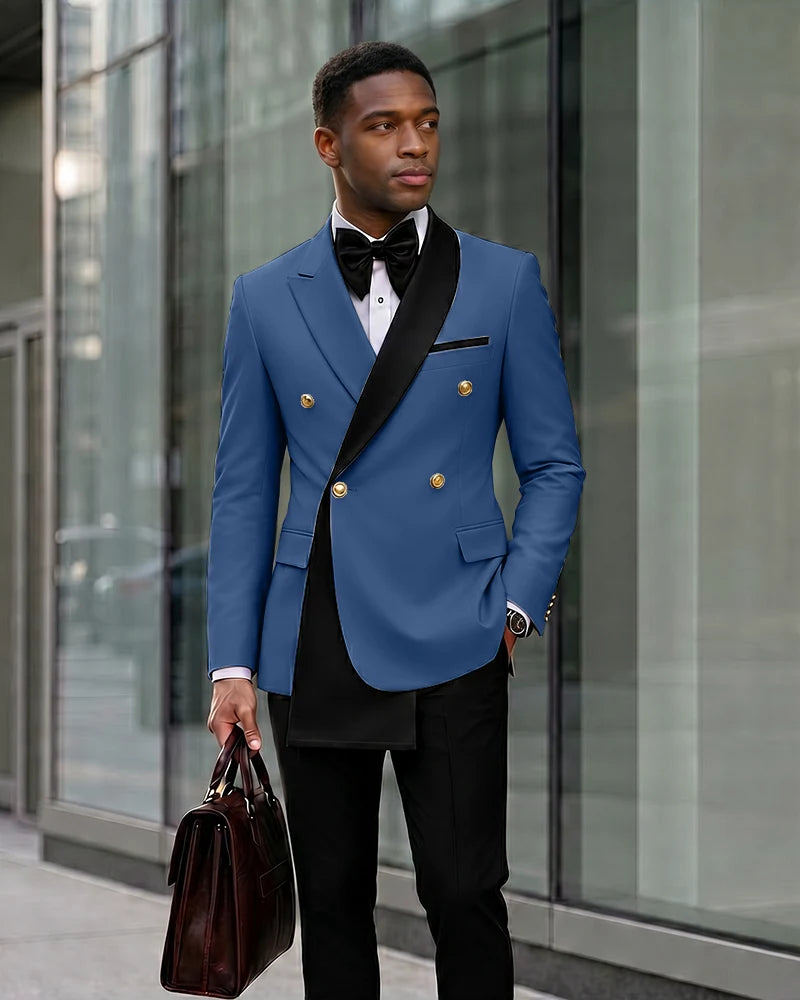 Contrast Shawl Lapel Gold Button 2 Piece Suit-DarkNavy-1