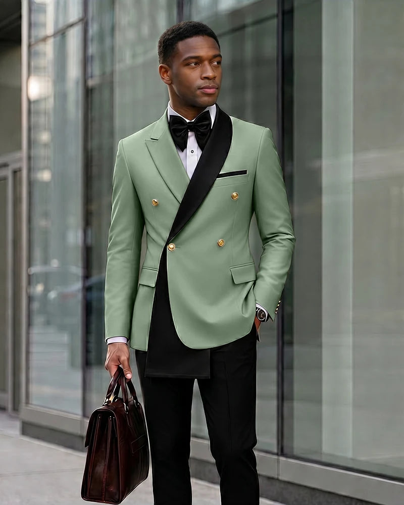 Contrast Shawl Lapel Gold Button 2 Piece Suit-DustySage-1