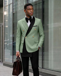 Contrast Shawl Lapel Gold Button 2 Piece Suit-DustySage-1