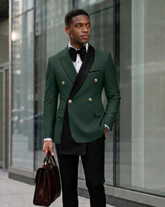 Contrast Shawl Lapel Gold Button 2 Piece Suit-Green-1