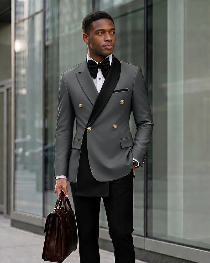 Contrast Shawl Lapel Gold Button 2 Piece Suit-Grey-1