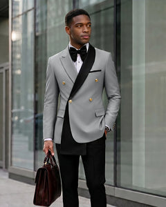 Contrast Shawl Lapel Gold Button 2 Piece Suit-LightGrey-1