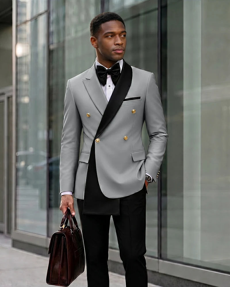 Contrast Shawl Lapel Gold Button 2 Piece Suit-LightGrey-1