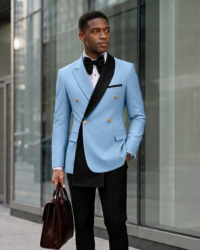 Contrast Shawl Lapel Gold Button 2 Piece Suit-LightSkyBlue-1