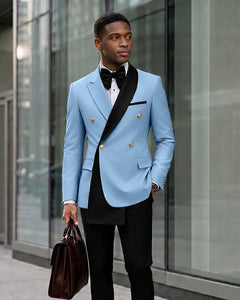 Contrast Shawl Lapel Gold Button 2 Piece Suit-LightSkyBlue-1