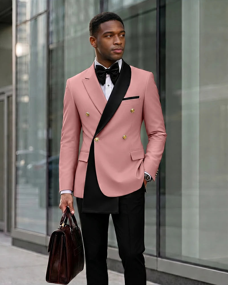 Contrast Shawl Lapel Gold Button 2 Piece Suit-Pink-1