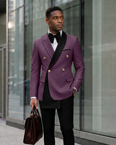 Contrast Shawl Lapel Gold Button 2 Piece Suit-Purple-1