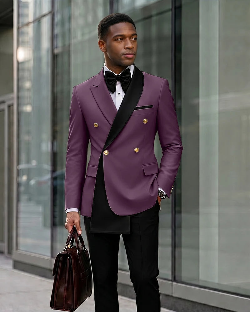 Contrast Shawl Lapel Gold Button 2 Piece Suit-Purple-1