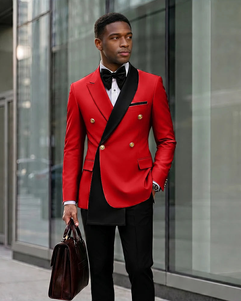 Contrast Shawl Lapel Gold Button 2 Piece Suit-Red-1