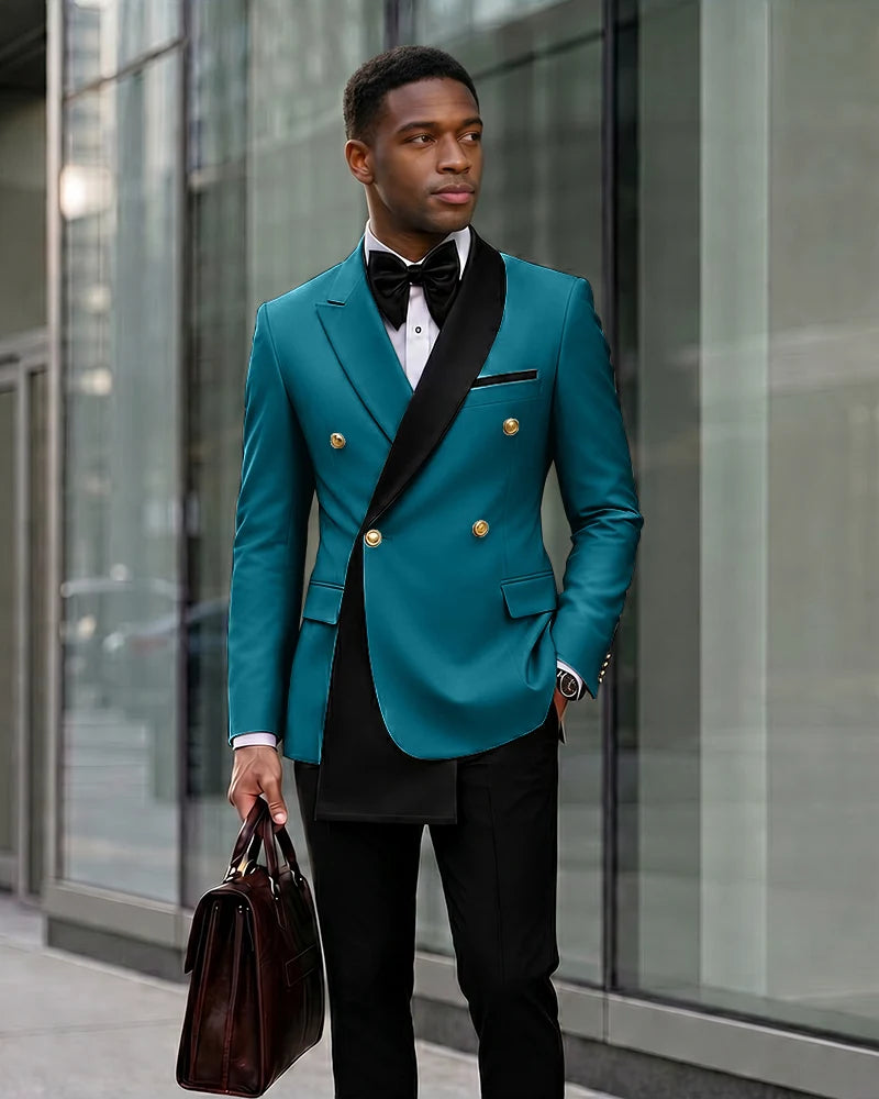 Contrast Shawl Lapel Gold Button 2 Piece Suit-Teal-1