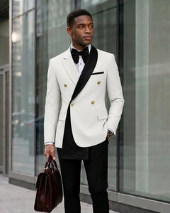 Contrast Shawl Lapel Gold Button 2 Piece Suit-White-1