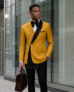 Contrast Shawl Lapel Gold Button 2 Piece Suit-Yellow-1