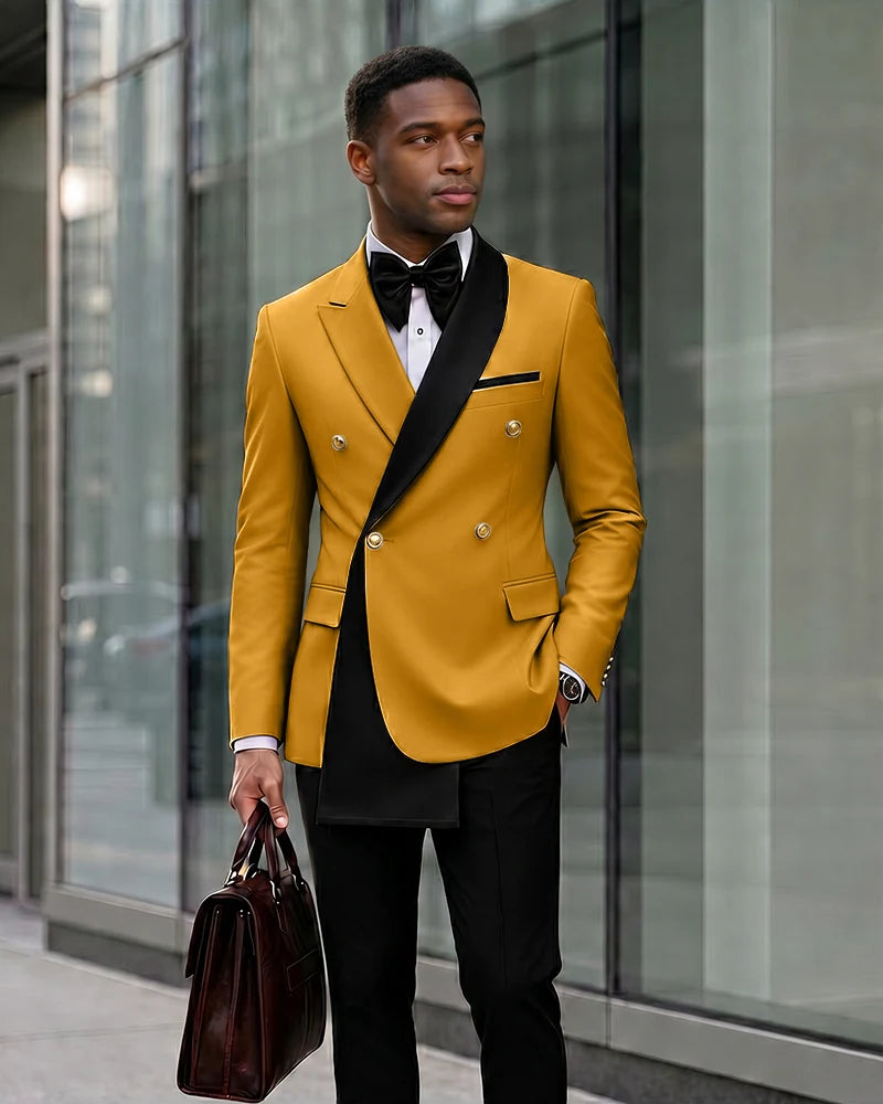 Contrast Shawl Lapel Gold Button 2 Piece Suit-Yellow-1
