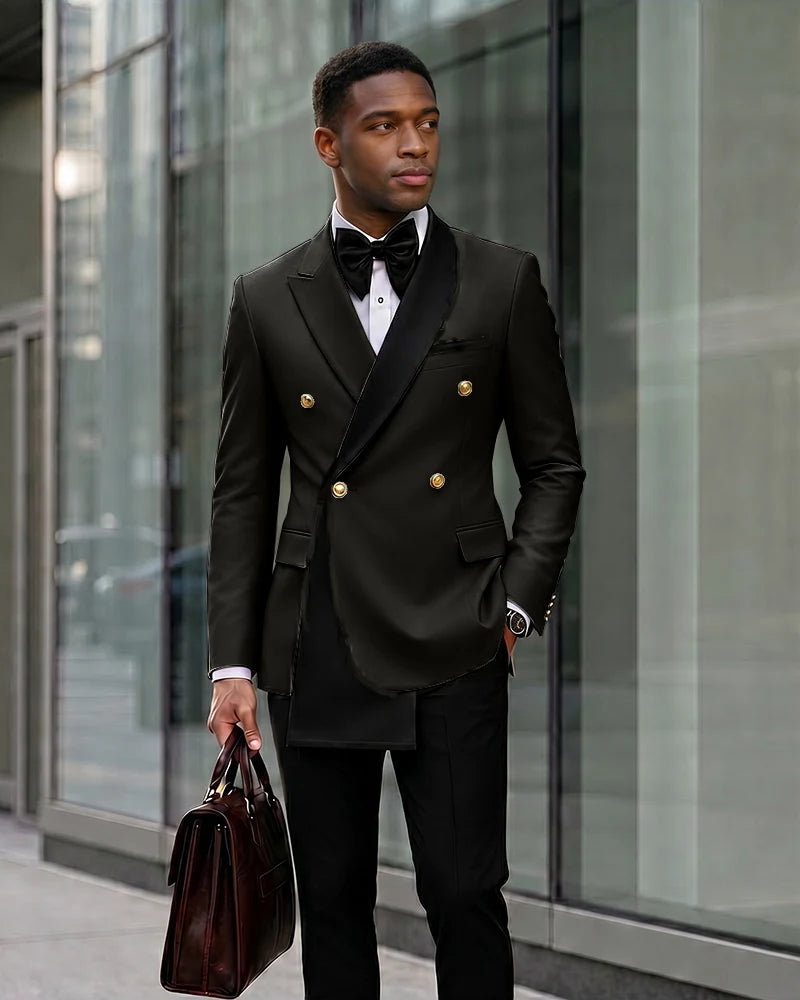 Contrast Shawl Lapel Gold Button 2 Piece Suit-black-1