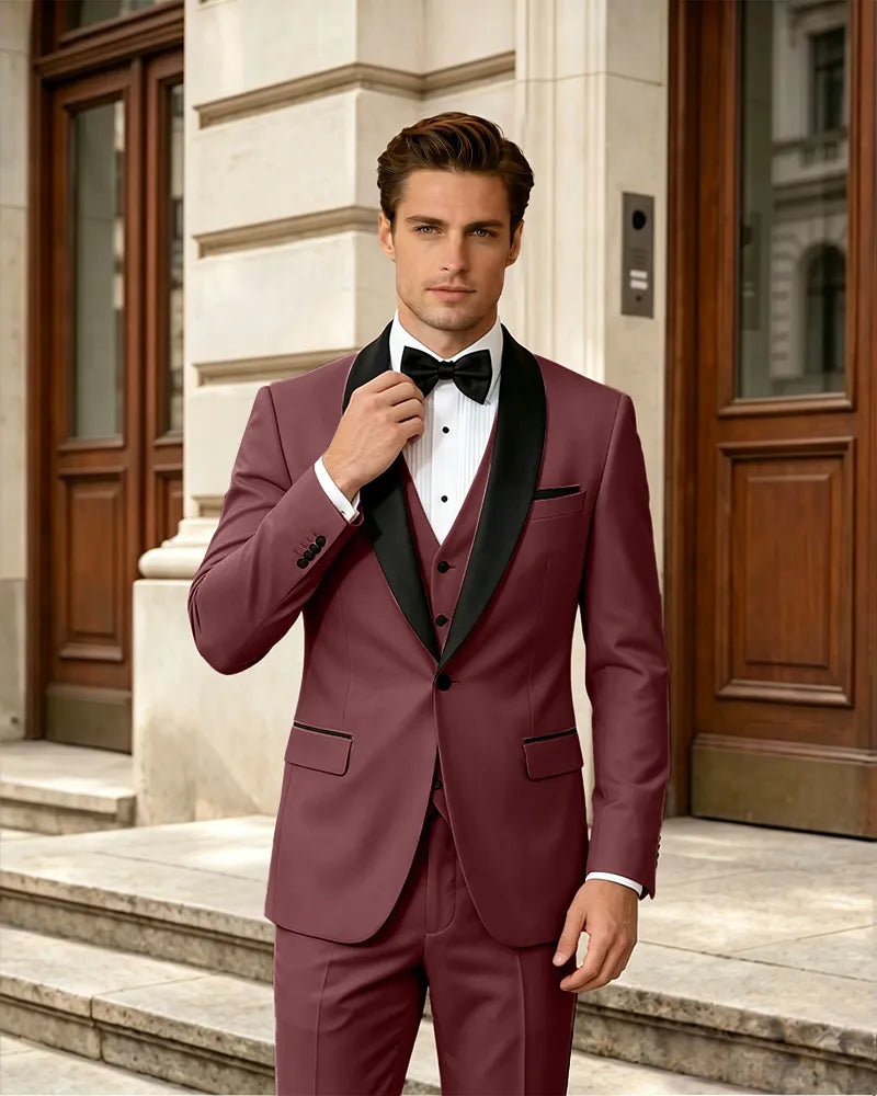 Satin Shawl Collar Formal 3 Piece Groom Suit