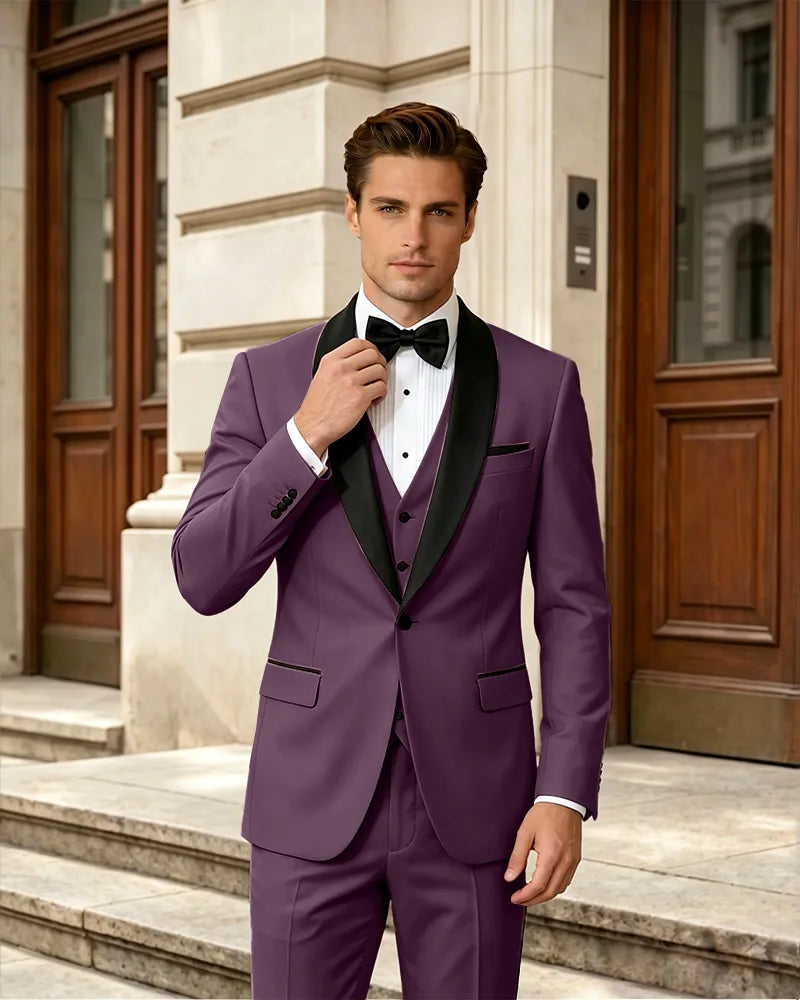 Satin Shawl Collar Formal 3 Piece Groom Suit