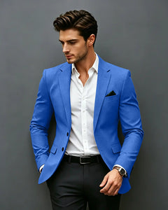 Slim Fit Notch Lapel Single Breasted Blazer -Blue -1
