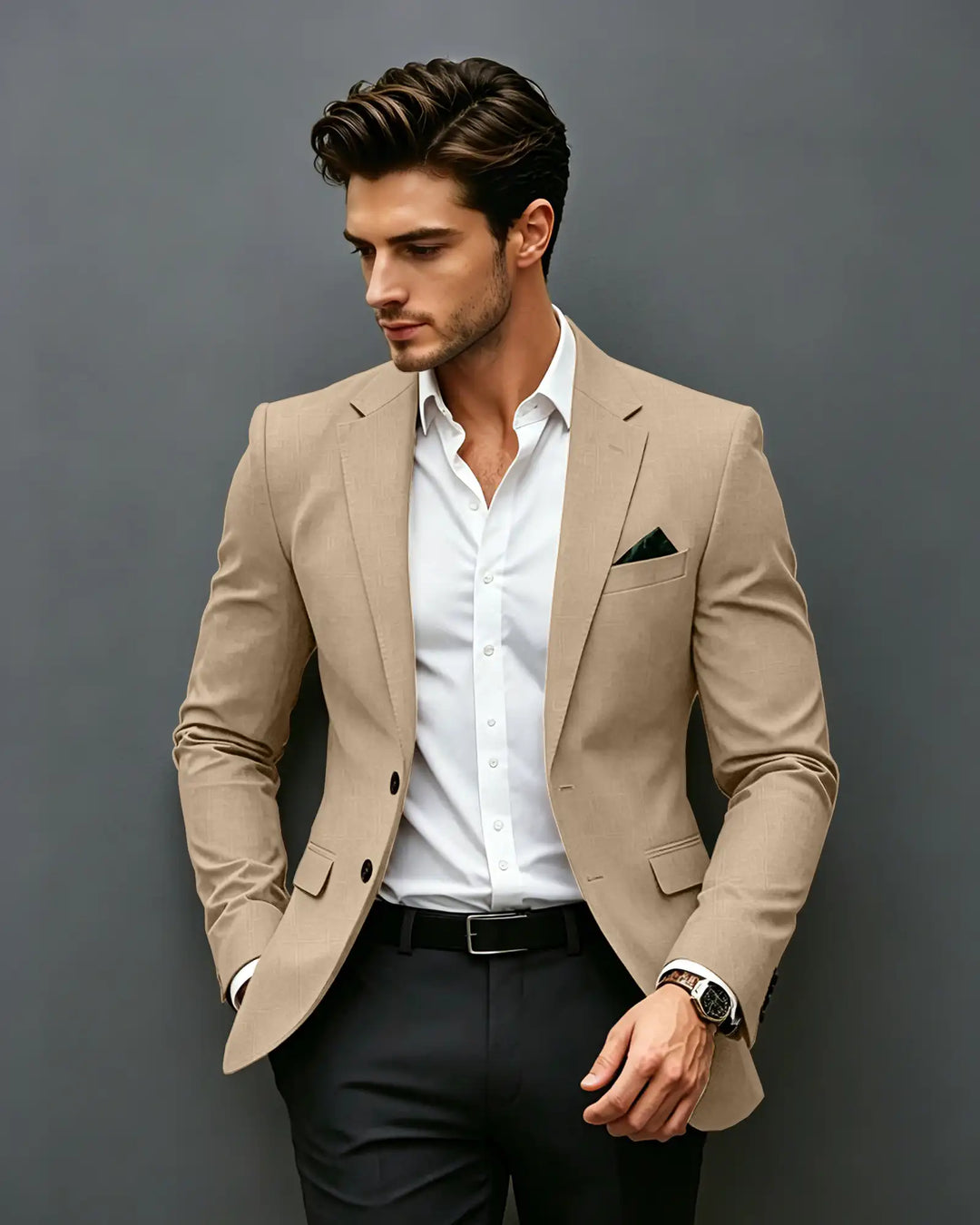 Slim Fit Notch Lapel Single Breasted Blazer-Brown-1
