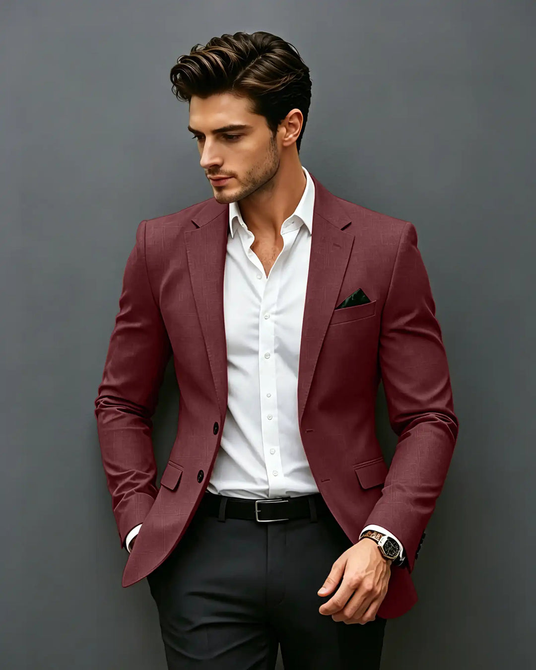 Slim Fit Notch Lapel Single Breasted Blazer -Burgundy -1
