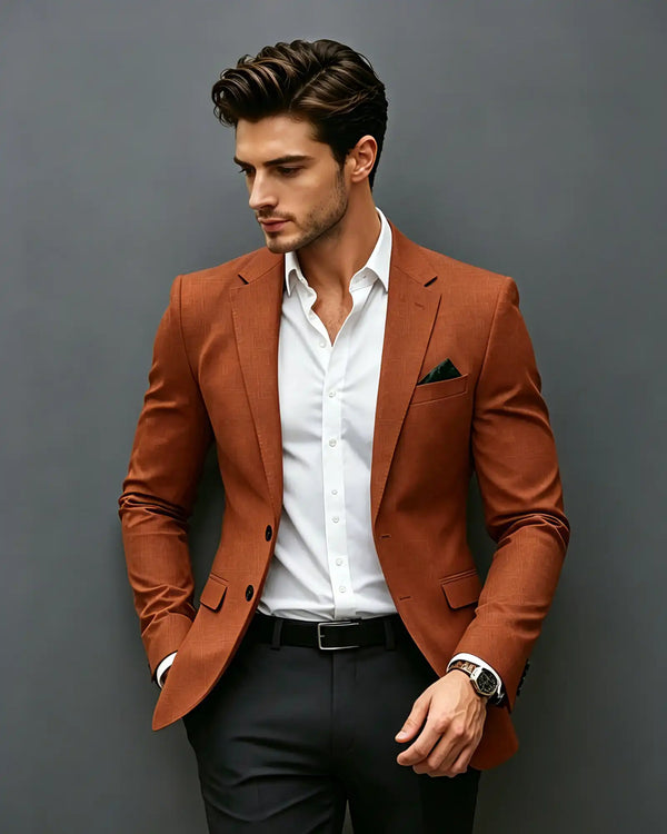 Slim Fit Notch Lapel Single Breasted Blazer -Burnt Orange -1

