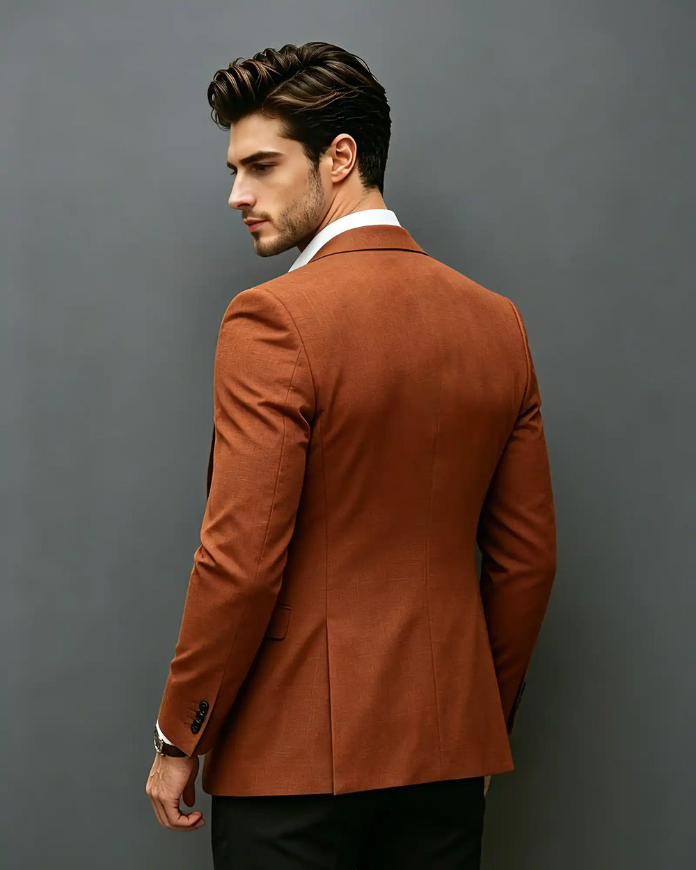 Slim Fit Notch Lapel Single Breasted Blazer-Burnt Orange-3